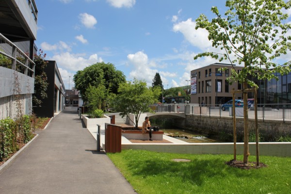 Vue sur l'emmarchement rinçoir et le réaménagement du cours d'eau Bacavoine